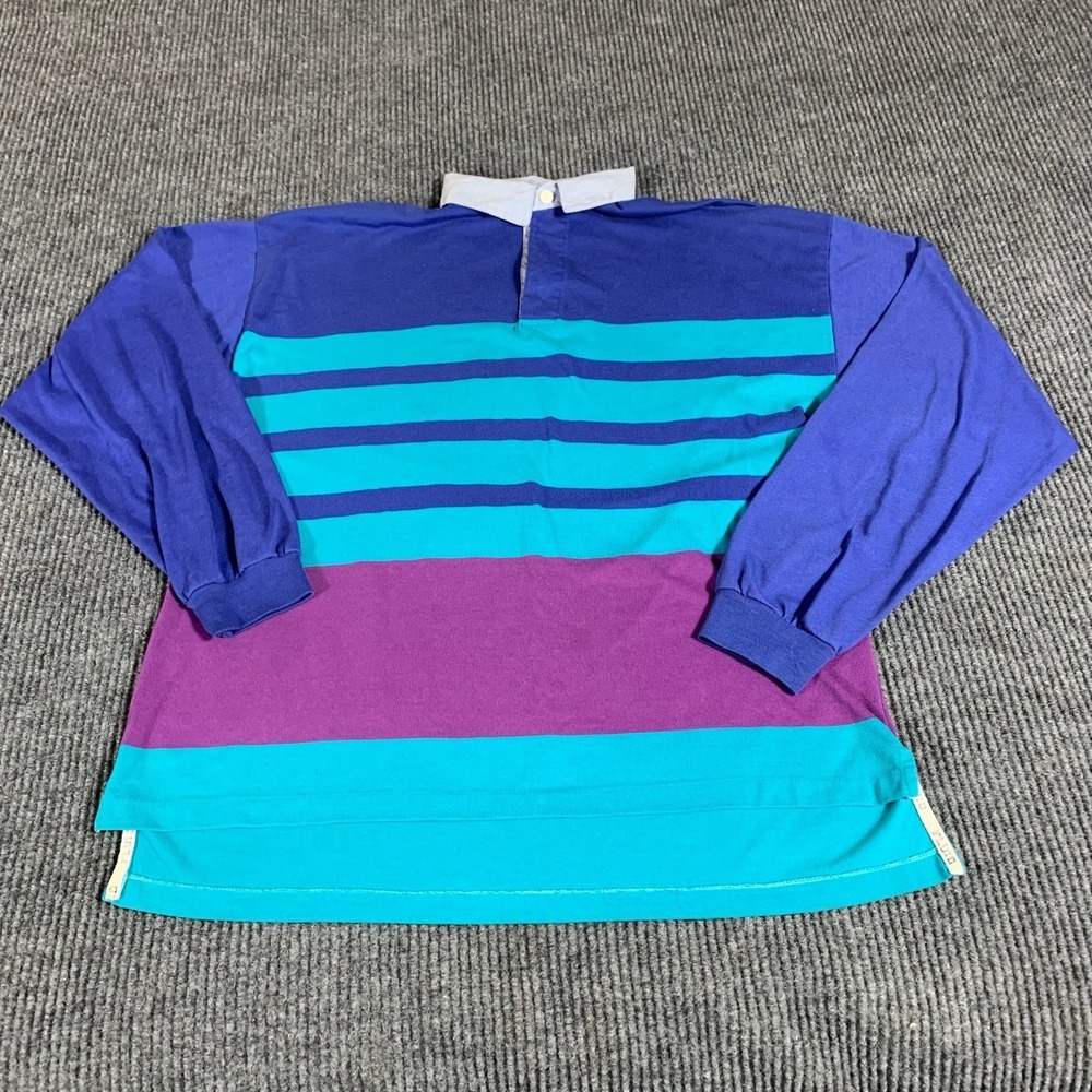 VTG Fluid Shirt Mens Large L Blue Striped Long Sleeve Rugby Y2K‎ Preppy College